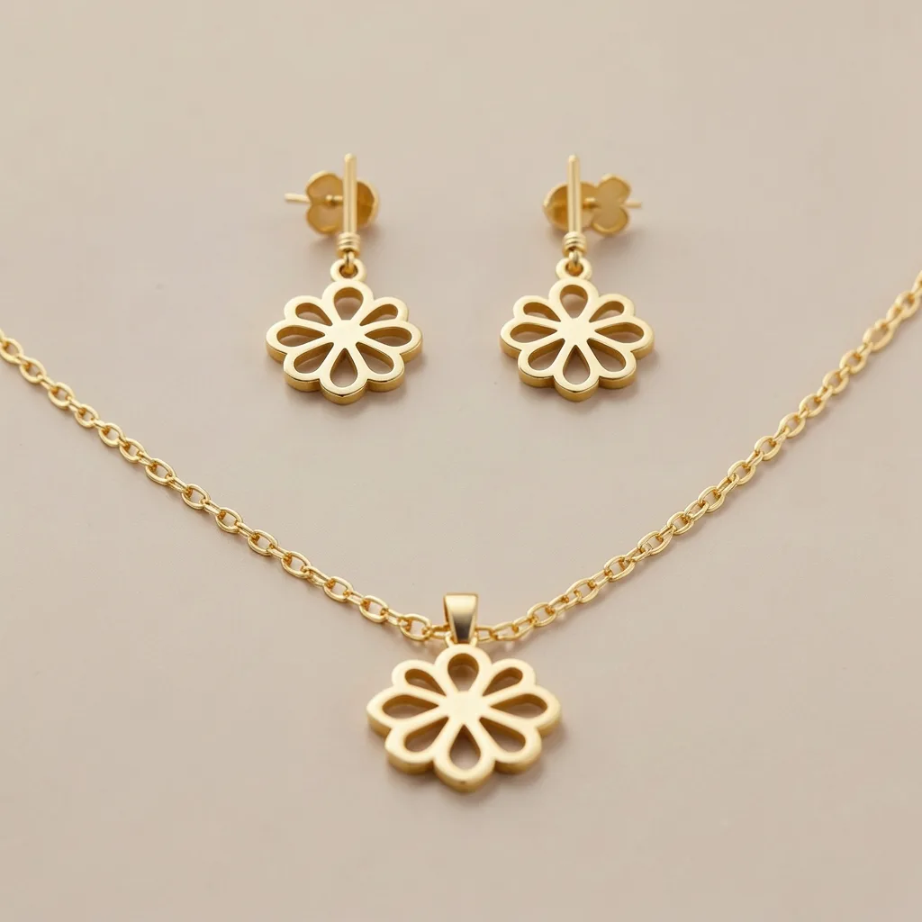 22K Six-Petal Floral Necklace and Earring Set image